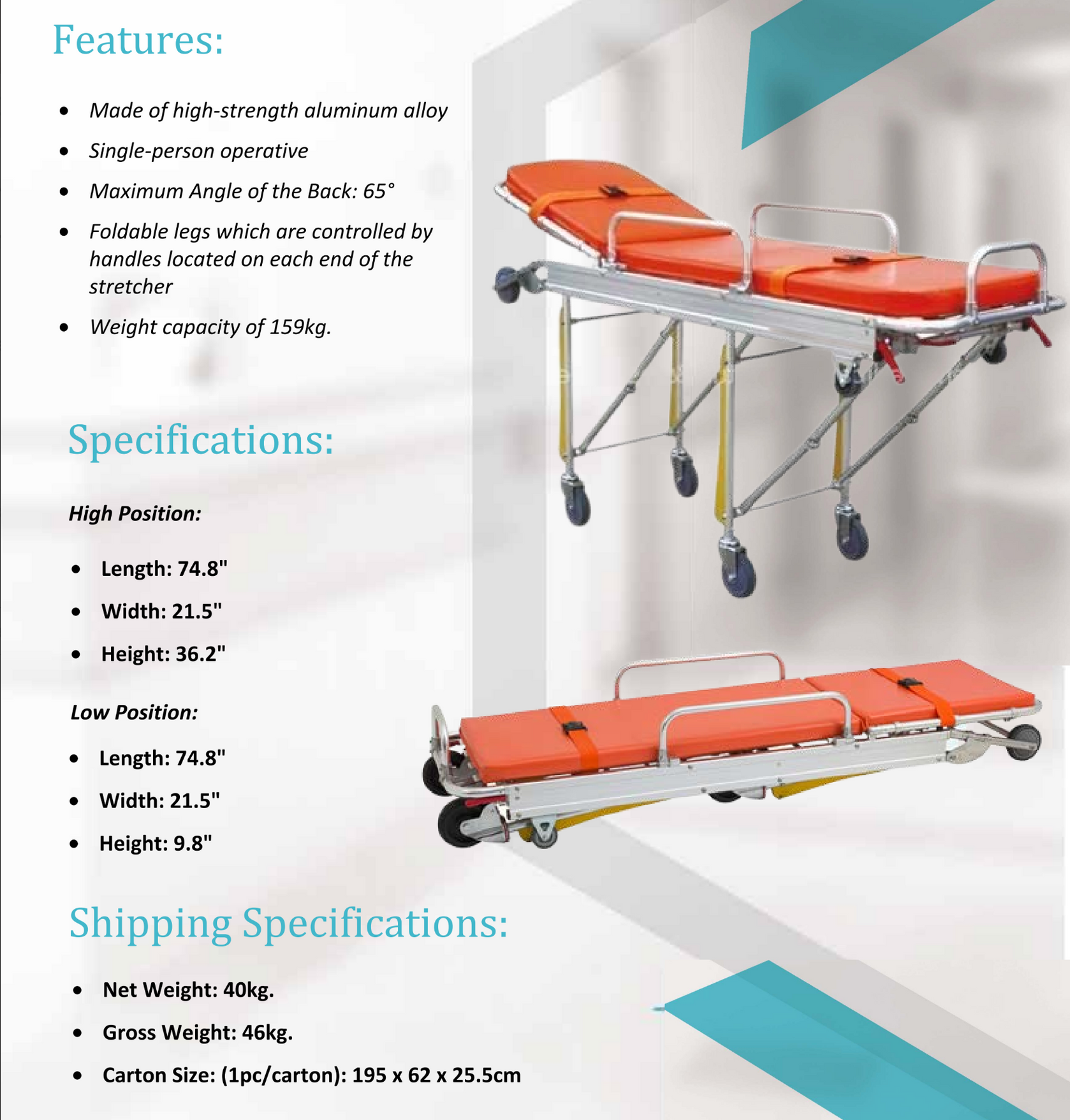 Stretcher Emergency Ambulance/Transport  Aluminum Alloy YXH-3B, EA